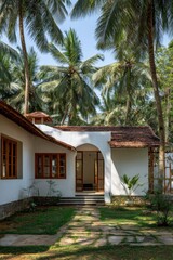 Naklejka premium A contemporary house is nestled among towering palm trees, beautifully set within a vibrant tropical garden, basking in the glow of bright daylight