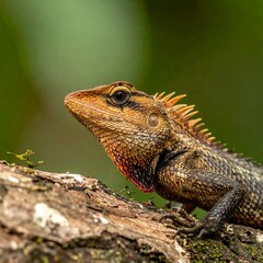 Obraz premium Detailed close-up of a reptile with textured skin, perched on wood