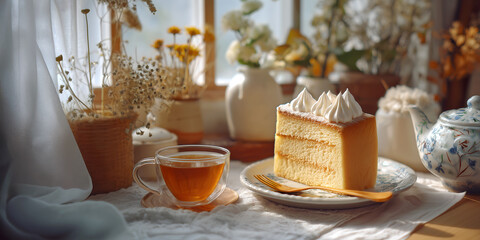 Creative food lifestyle concept. Slice of vanilla bento cake with cream frosting, with cup of tea, vase of plants, linen cloth by window cozy with sunlight, copy text space. 