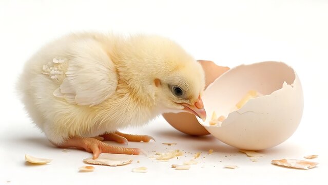 Cute baby chick hatching from egg isolated on white background with shadow. AI generated.
