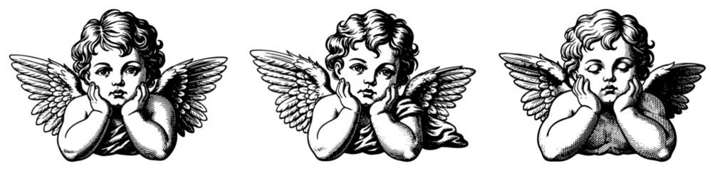 Three cute vintage cherub angels with wings in engraving style