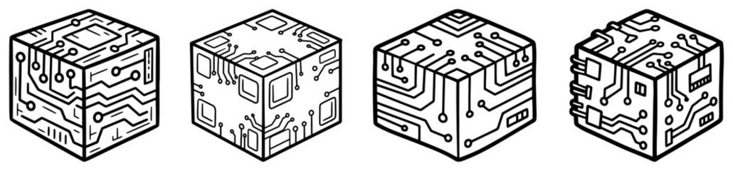 Isometric technology cubes with digital circuit board line texture
