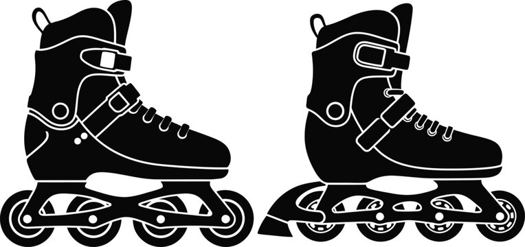 Black inline skates silhouette set for extreme sports fitness and recreational activity with adjustable straps and four wheels vector illustration isolated on white.