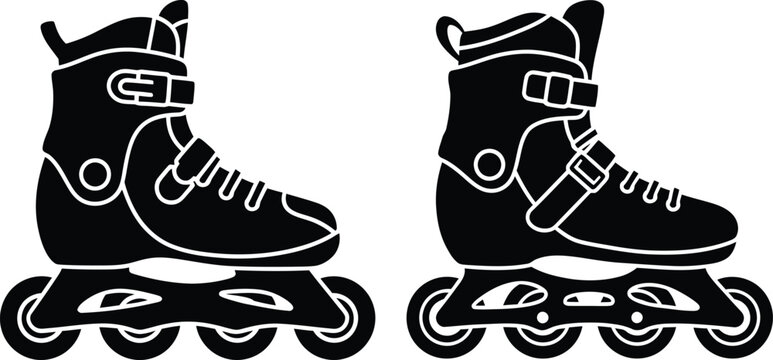 Black inline skates silhouette set for extreme sports fitness and recreational activity with adjustable straps and four wheels vector illustration isolated on white.