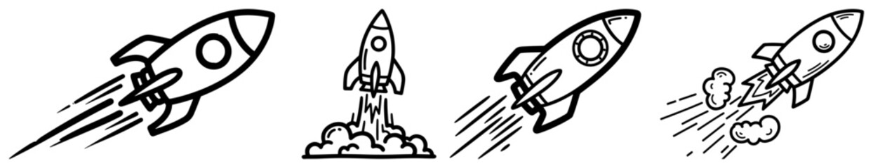 set of hand drawn rocket ship doodles launching into space