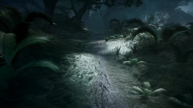 Enchanted forest pathway illuminated by moonlight with rustling leaves and mystical shadows