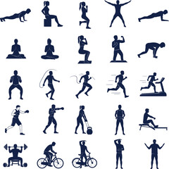 Fototapeta premium Fitness and Exercise Silhouette Icons Collection Showing Various Activities Keywords: fitness, exercise, workout, training, health