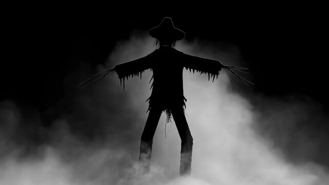 Spooky scarecrow emerges from misty fog in dark atmospheric scene
