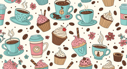 Fototapeta premium Sweet seamless pattern of coffee cups, decorated cupcakes, scattered coffee beans, and pretty little flowers for bakery and cafe decor.