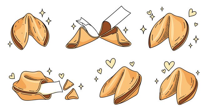 Hand drawn fortune cookies set featuring six detailed biscuits some with paper messages and festive heart sparkles.