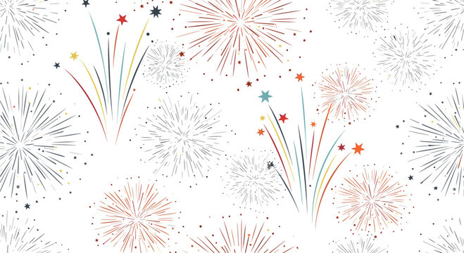 Vibrant fireworks display seamless pattern featuring various explosion shapes and colors on a clean white background.