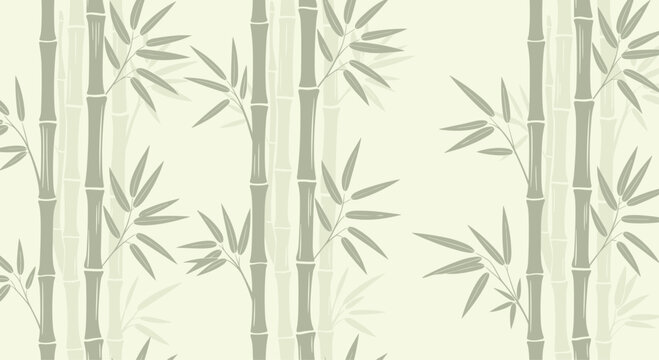 Peaceful seamless pattern showcasing light green bamboo stalks and leaves on a cream background for a calming nature-inspired aesthetic.