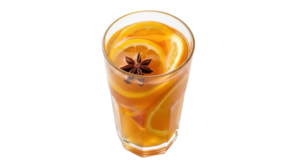 Refreshing orange spice drink in glass isolated PNG, aromatic beverage with star anise and citrus slices on transparent background