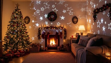 Cozy winter night in a home wine cellar interior featuring a decorated Christmas tree with glowing lights beside a warm fireplace, creating a festive holiday celebration atmosphere