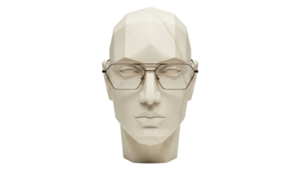 Geometric mannequin head with modern eyeglasses isolated PNG, polygonal sculpture with eyewear on transparent background for fashion design