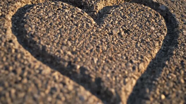 Heart shape etched into textured concrete surface in sunlight