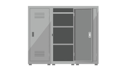 Industrial grey metal locker with one door ajar, revealing empty shelves inside, suitable for storage concepts.