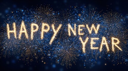 Happy New Year 2026 festive party banner with golden fireworks on dark background and blue highlights