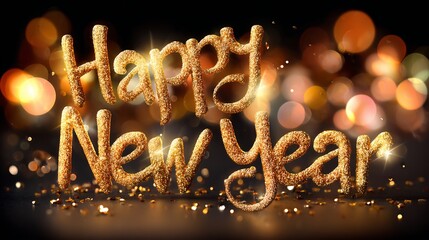 Elegant luxury New Year background word Happy New Year written shiny golden metallic lettering glowing highlight black background soft bokeh light premium festive mood cinematic lighting high
