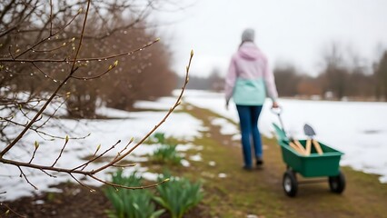 Woman pushing green wheelbarrow along snowy path in winter landscape with trees and plants