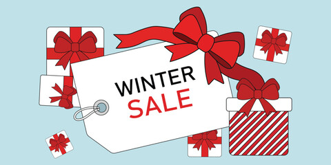 Winter sale vector banner with white price tag, large red bow, and festive gift boxes. Christmas shopping promotion template for holiday discounts, seasonal marketing, and retail web banners.