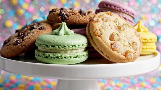 Cookies and colorful macarons piled on a rotating white serving plate