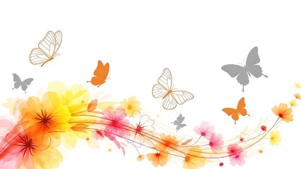 A beautiful illustration of butterflies flying over a border of vibrant watercolor flowers