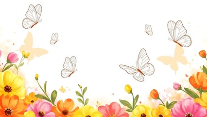 A beautiful watercolor illustration featuring butterflies and vibrant spring flowers at the bottom