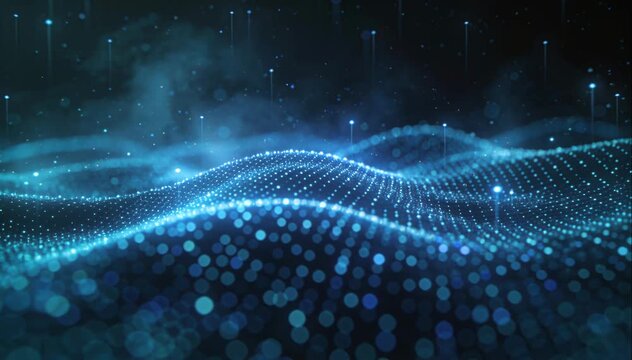 Abstract digital technology background featuring a glowing blue particle wave grid with flowing data points and cinematic bokeh light effects representing big data and cybersecurity