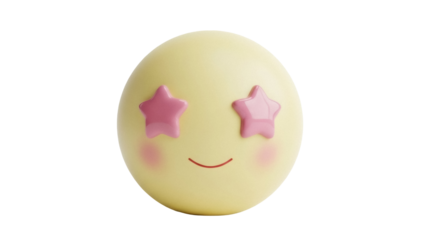 Cute yellow smiley face with pink star eyes isolated PNG, cartoon emoji with happy expression on transparent background