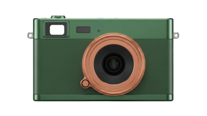 Retro green camera PNG isolated on transparent background, vintage photography equipment for creative projects and graphic design