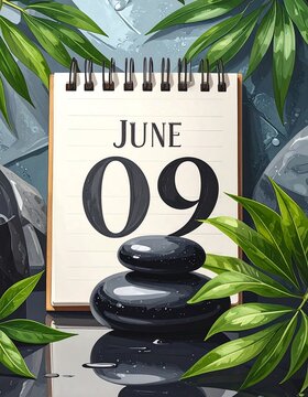 Digitally created June 9th calendar page with spa stones and greenery