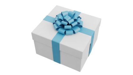 Elegant white gift box with light blue ribbon and bow isolated PNG, present for birthday or special occasion on transparent background