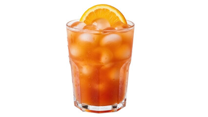 Refreshing orange cocktail with ice cubes and slice isolated PNG, summer drink on transparent background for party and bar menus