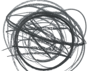 A grayscale, scribbled, circular design with overlapping lines and a transparent background