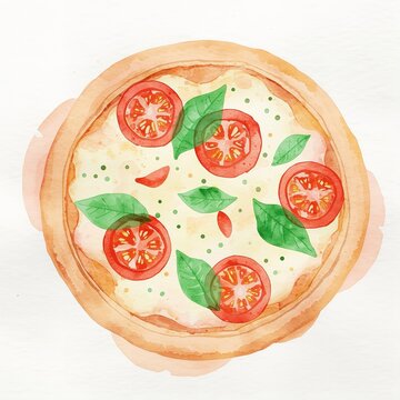 Delicious Watercolor Pizza with Fresh Tomatoes and Basil