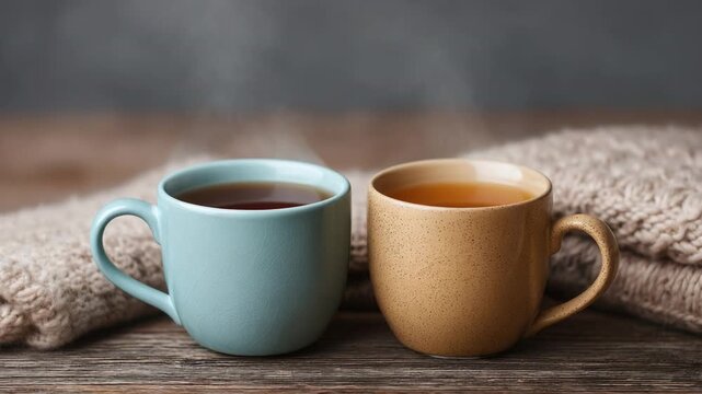 Cozy Scene with Two Colorful Ceramic Cups on Rustic Wooden Table Surrounded by Warm Knit Texture Generative AI