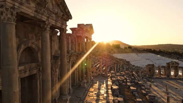 The sun sets behind ancient ruins, illuminating the stone columns and creating long shadows on the ground. The historic site features remarkable architecture and hints of a storied past.