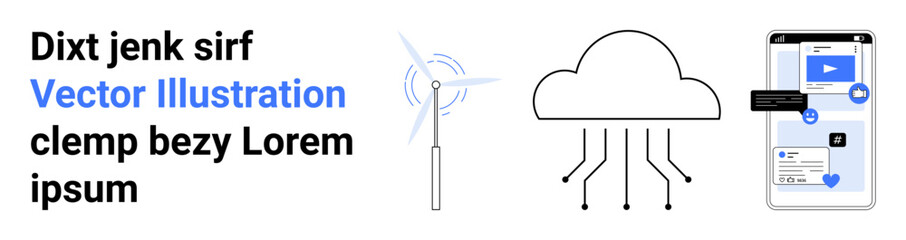 Cloud computing, renewable energy, digital connectivity, data sharing, technology communication, eco-friendly power. A wind turbine, tech cloud and smartphone interface. Cloud computing