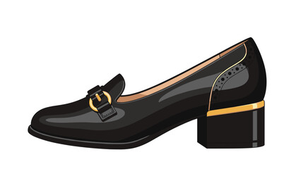 Classic black low-heeled loafer with a stylish gold buckle and decorative brogue detailing, combining comfort and elegance.