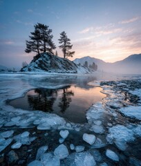 Winterliche Landschaft mit vereistem Fluss und Spiegelung bei Sonnenaufgang
