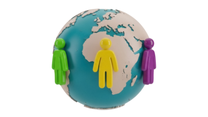 Global community concept with colorful figures around the world isolated PNG, diverse people connected for international cooperation