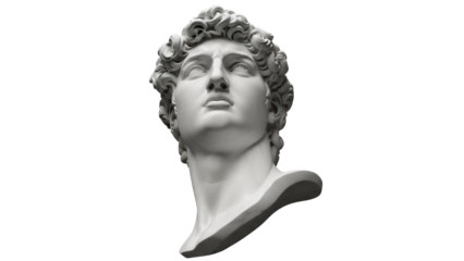 Michelangelo s David head isolated PNG on transparent background, classical sculpture of a man for art and design projects