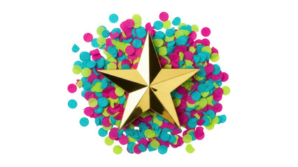 Obraz premium Golden star isolated PNG on pile of colorful confetti, festive decoration for party celebration and special occasion