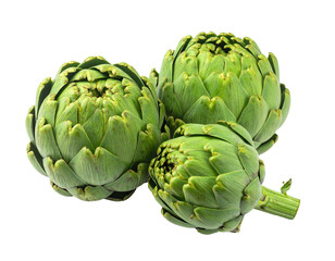Fototapeta premium Three fresh green globe artichokes against a black backdrop, close-up shot of a healthy food