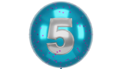 Shiny blue balloon with silver number 5 isolated PNG, festive party decoration for birthday celebration and special occasion design element