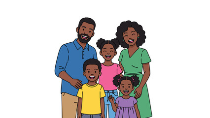Joyful African American family portrait featuring a smiling mother, father, and their three happy children standing together, celebrating family bonds and togetherness against a white background.