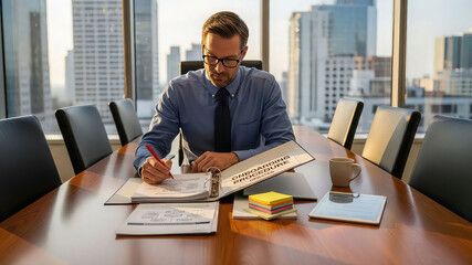 Obraz premium Businessman in glasses reviewing onboarding procedure documents in a modern