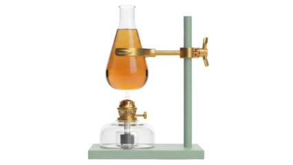 Erlenmeyer flask with yellow liquid isolated PNG, laboratory glassware on stand with burner for scientific experiments on transparent background