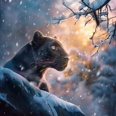 Majestic Black Panther in Snowy Winter Landscape with Golden Sunset Light